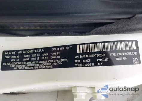 2017 Alfa Romeo Giulia Rwd из США, поврежденный, VIN ZARFAEBN8H7542078